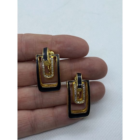 Vintage DG Signed Door Knock Black/Gold Clip-on Earrings  with Rhinestones - Picture 2 of 5